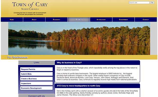 Town Of Cary website Businesses page screen shot
