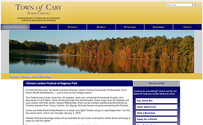 Town Of Cary website homepage screen shot