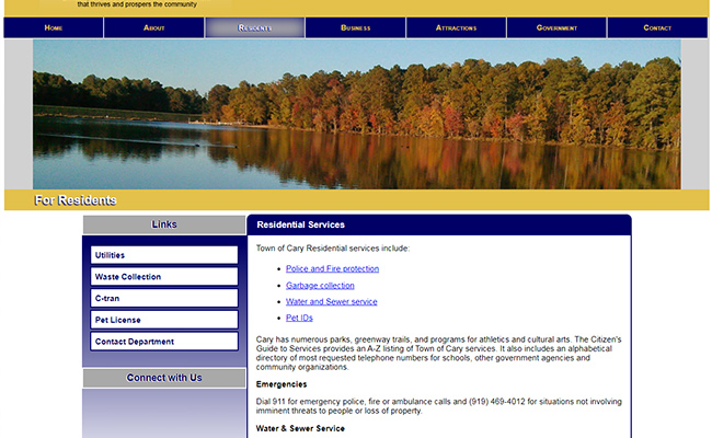 Town Of Cary website Residents page screen shot