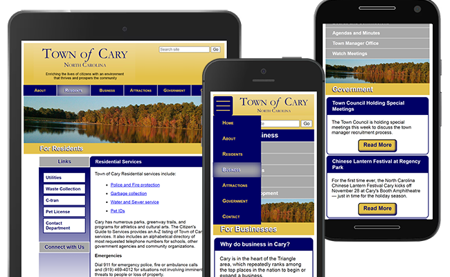 Town Of Cary website shown sized on mobile devices