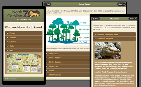 NC Zoo mobile app screenshots on phone and tablet